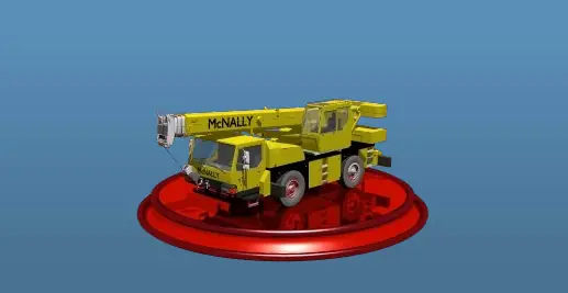 Animated 3D model of a yellow McNally truck crane turning on a red turntable, from the company’s early website