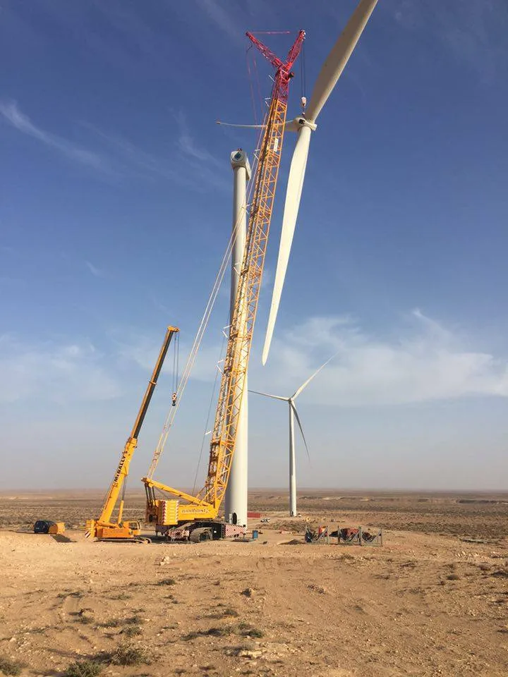 Demag CC 2800 NT crawler crane erecting a GE turbine at Akfenir wind farm, Morocco