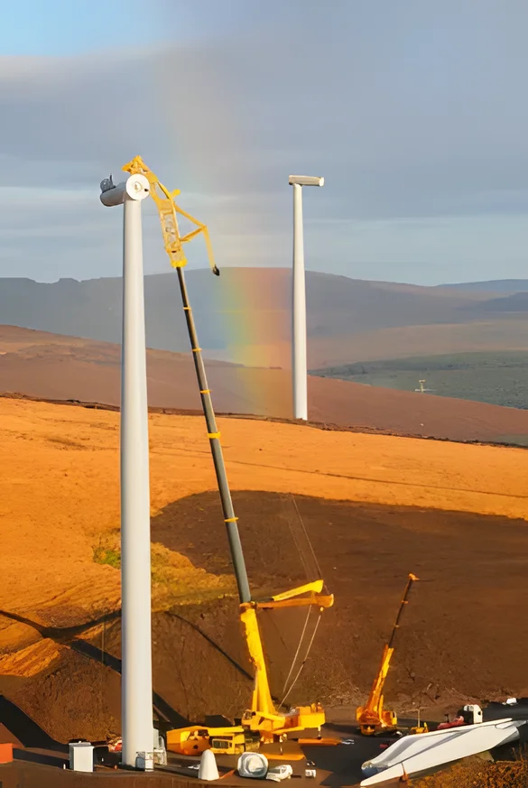 Crane erecting Siemens turbines on Clyde wind farm, Scotland, under a rainbow