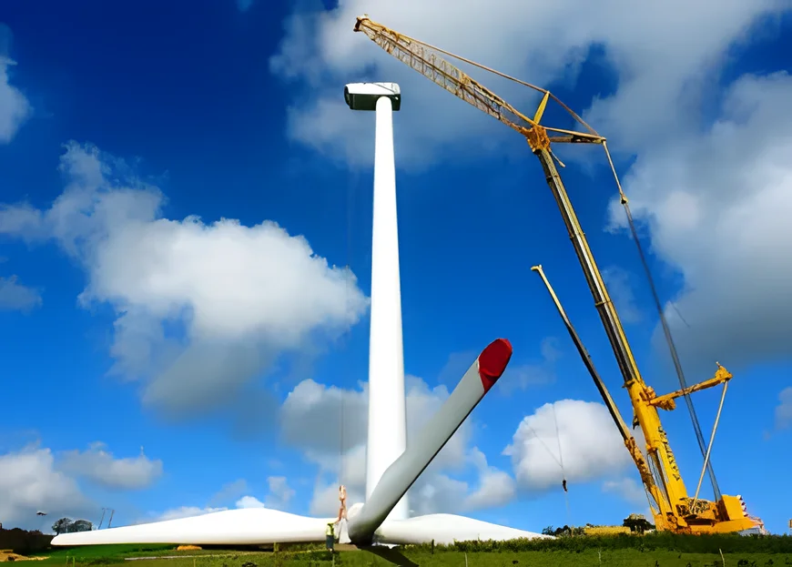Crane raising a turbine rotor from the ground beside the tower