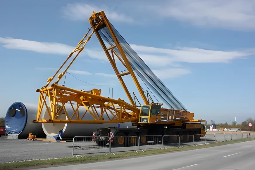 Lattice crane rigged at the roadside beside a turbine tower section