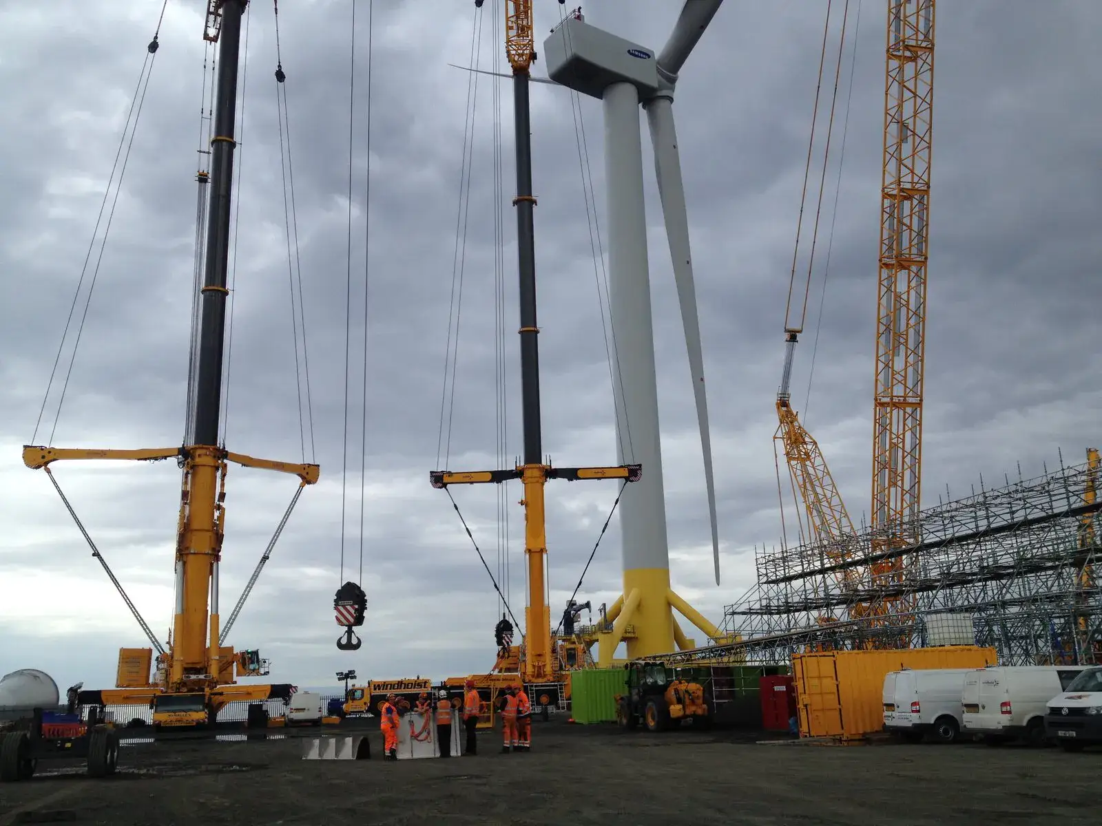 Crawler cranes rigged around the wind turbine at Methil