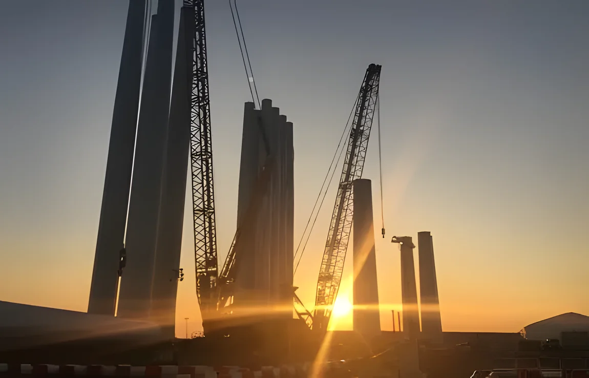 Crawler cranes and offshore turbine towers silhouetted at sunset in a marshalling port
