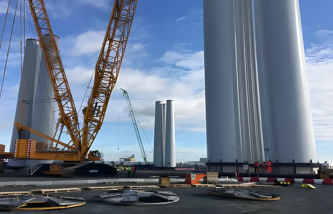 Two crawler cranes among offshore turbine towers stood on the quay at a marshalling port