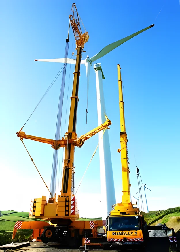 McNally’s all-terrain crane and a second crane rigged beside a part-built turbine on an upland wind farm