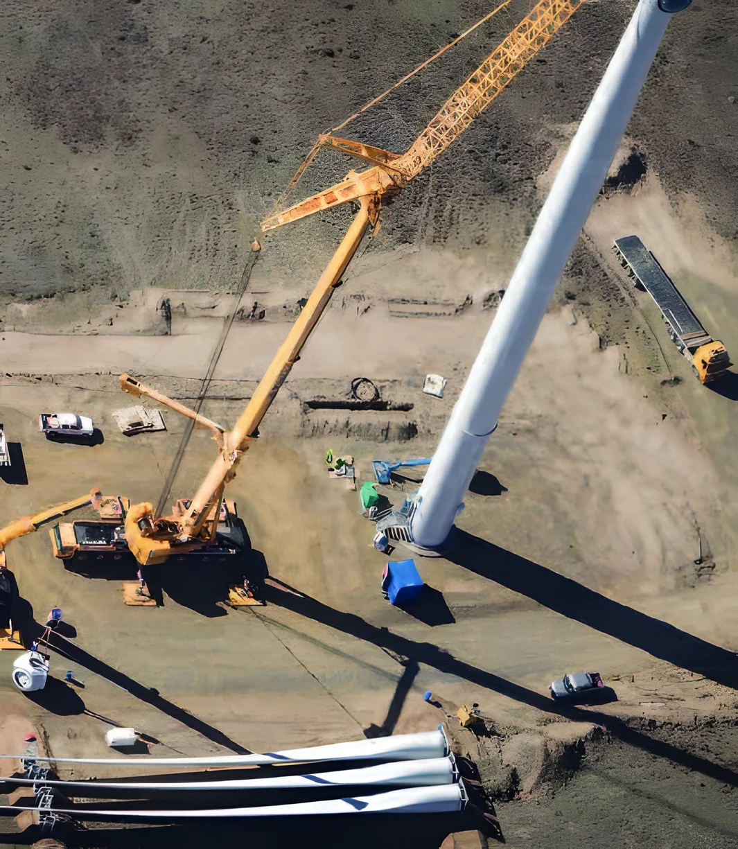 Aerial view of a crawler crane erecting a wind turbine tower, with the blades laid out on the ground